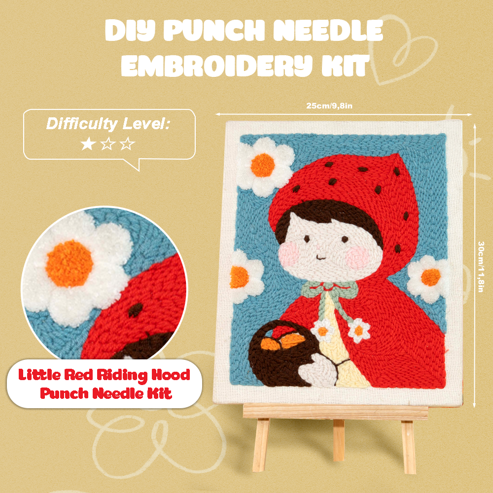 Little Red Riding Hood Punch Needle Kit With Wooden Frame