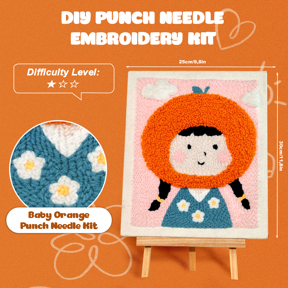 Baby Orange Punch Needle Kit With Wooden Frame