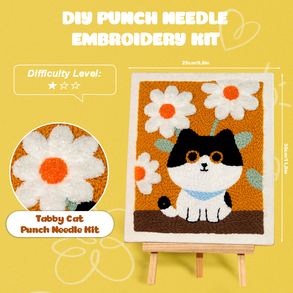 Tabby Cat Punch Needle Kit With Wooden Frame