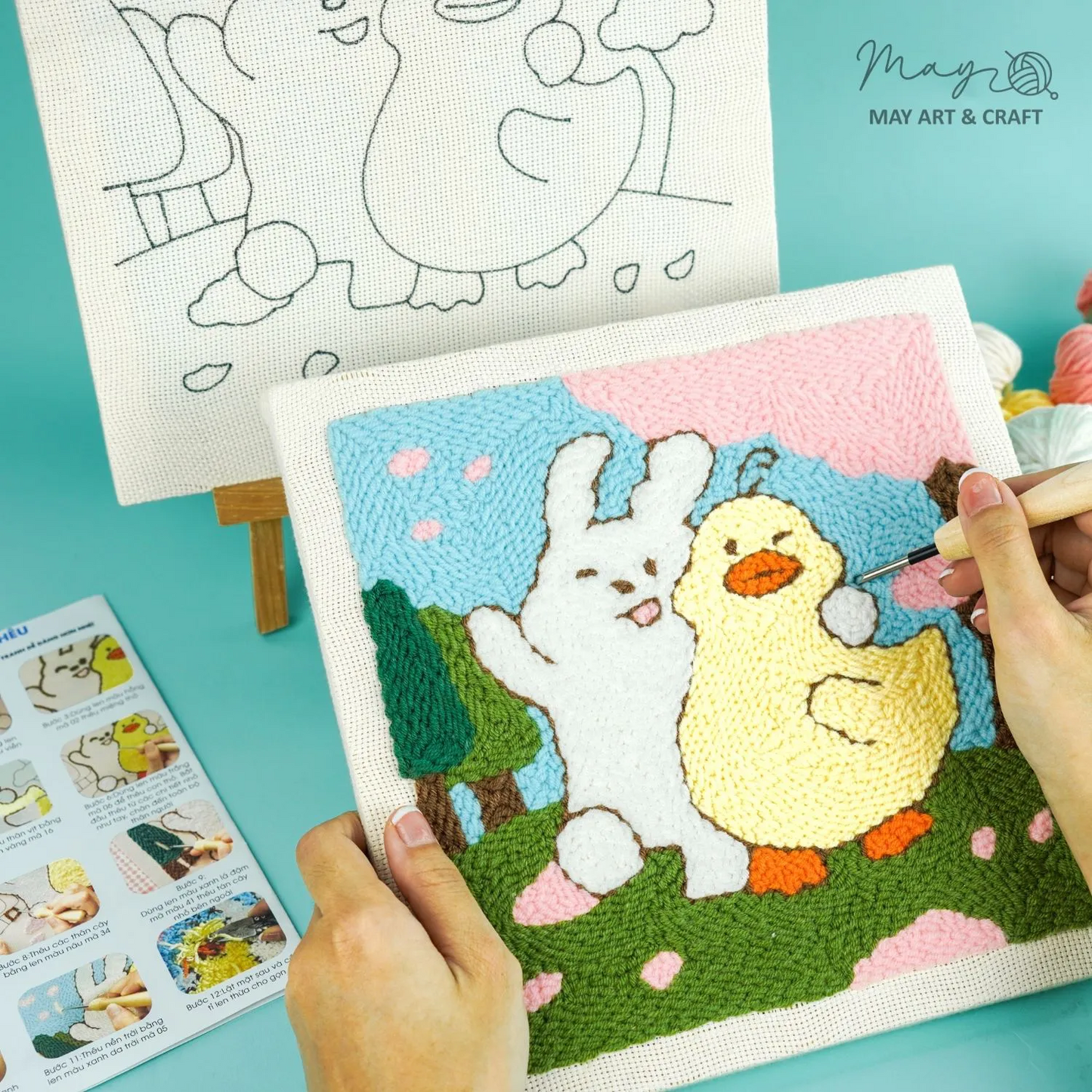 Duck and Rabbit Punch Needle Kit With Wooden Frame