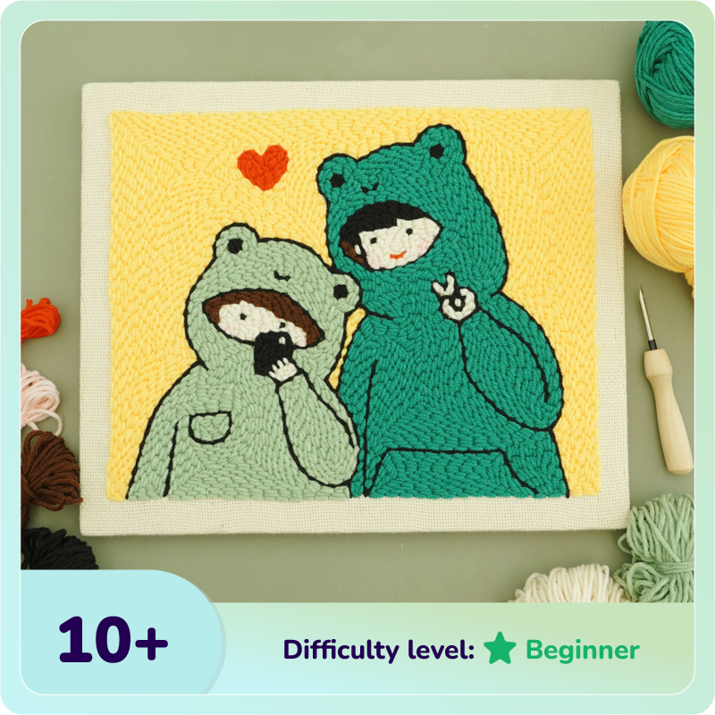 Frog Couple Punch Needle Kit With Wooden Frame