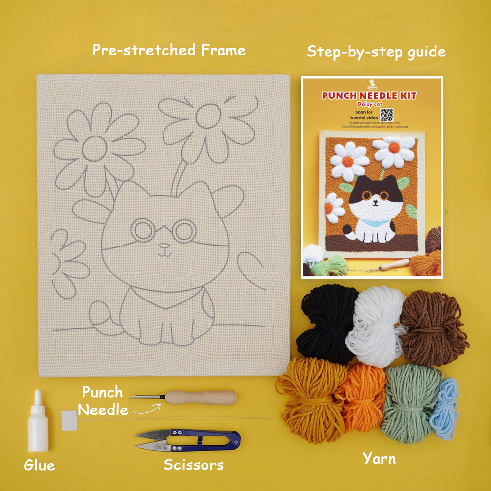 Tabby Cat Punch Needle Kit With Wooden Frame