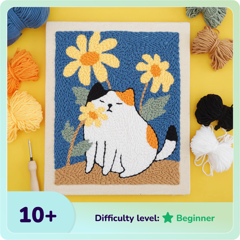 Blossom Kitty Punch Needle Kit With Wooden Frame