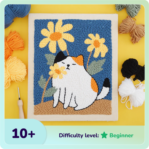 Blossom Kitty Punch Needle Kit With Wooden Frame