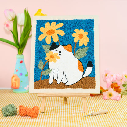Blossom Kitty Punch Needle Kit With Wooden Frame