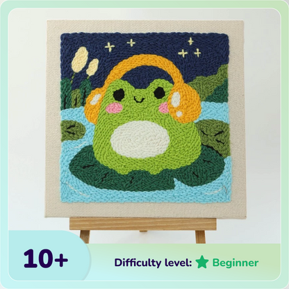 Green Frog Listening to Music Punch Needle Kit With Wooden Frame